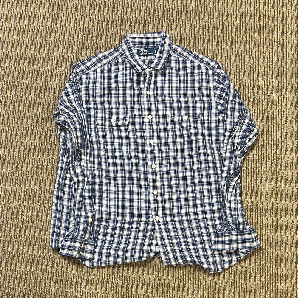 Polo by Ralph Lauren: Men's Blue and White Checkered Shirt Long Sleeve Button Up